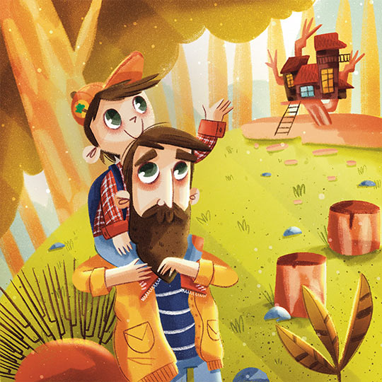 ilustracion del cuento infantil nako y el paque de los sueños padre con su hijo en hombros viendo una cabaña del bosque