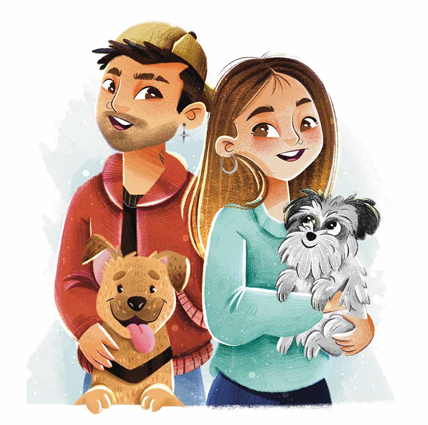encargar dibujo personalizado pareja y dos perros